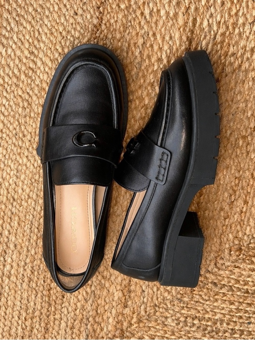 Coach Leah Platform Leather Lug Sole Loafers Black Size 8